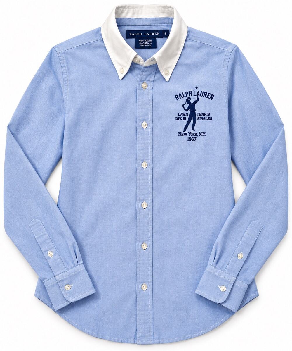 Ralph Lauren Women 8 Blue Oxford Shirt Tennis 1967 Embroidered Contrast Collar